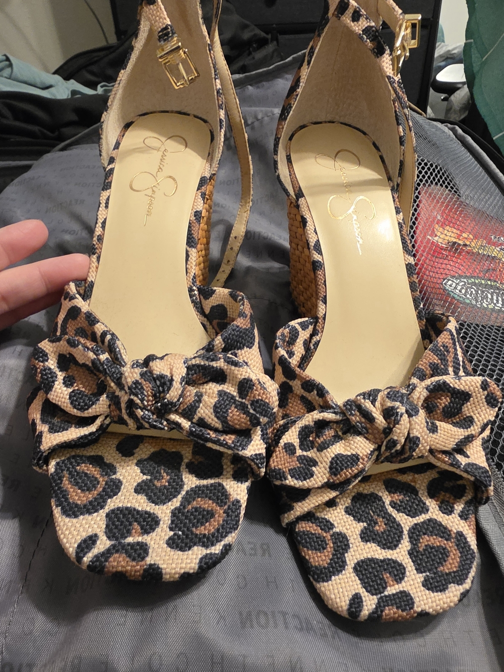 Jessica Simpson Leopard Print Bow Wedge Sandals - Tan/Black